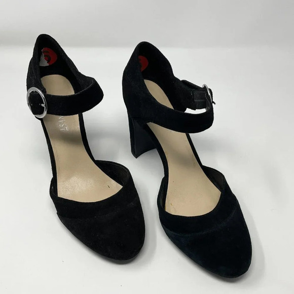 Nine West Suede Leather Ankle Strap Round Toe Heels Pump Black Size 6 - Picture 2 of 8